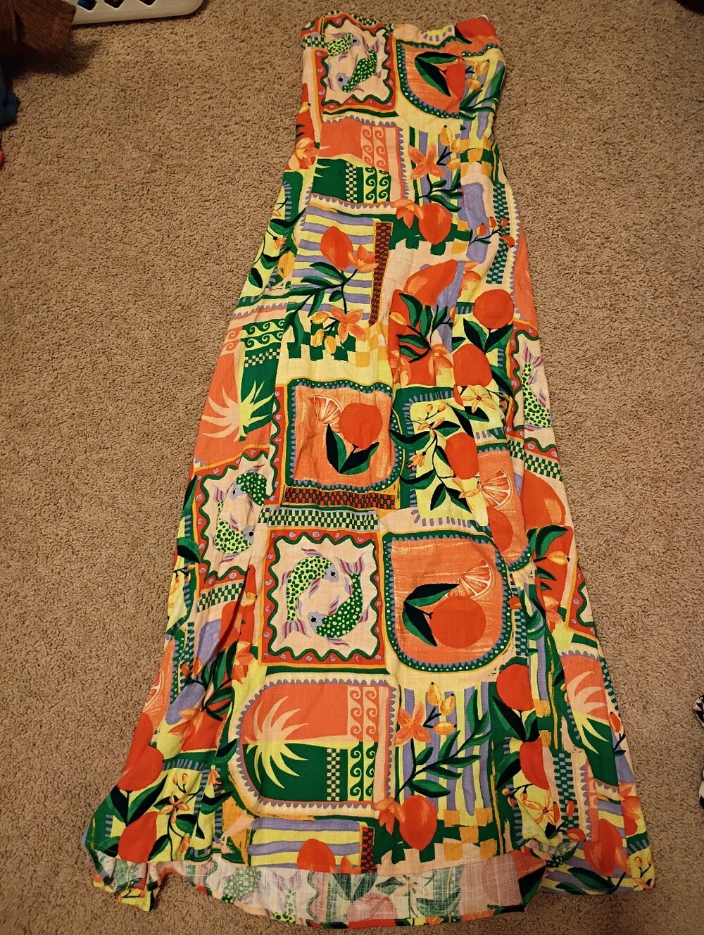 Strapless Tropical Print Maxi Dress in Orange & Green